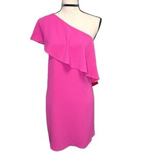Charles Henry fuschia pink one shoulder ruffle mini shift dress